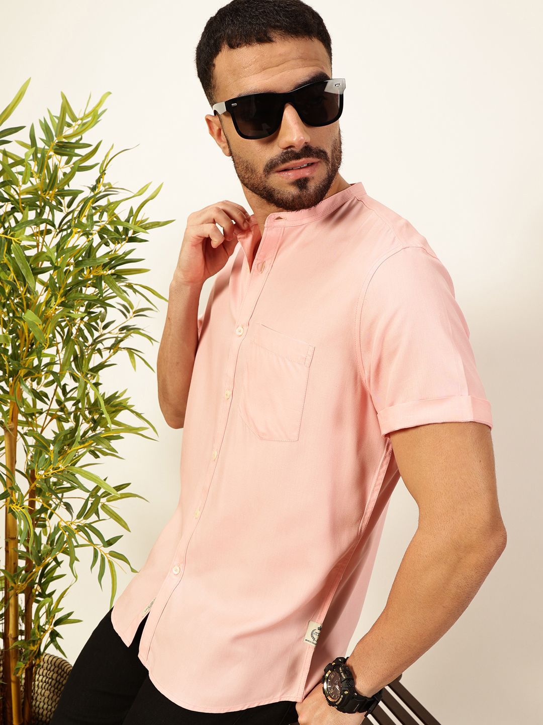 Thomas Scott Men Premium Solid Mandarin Collar Casual Shirt