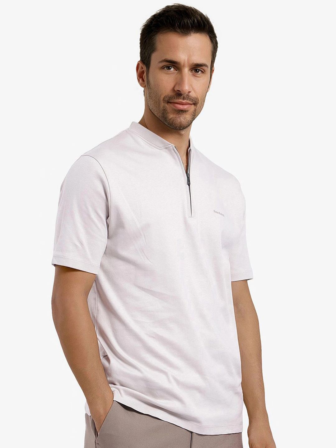 RARE RABBIT Men Solid Mandarin Collar Cotton T-shirt