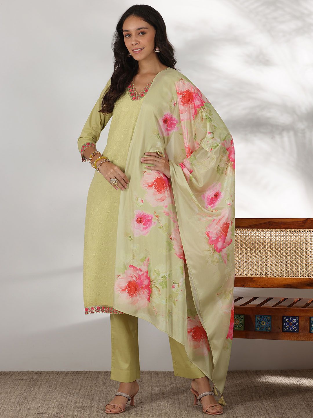 Libas Floral Embroidered Thread Work Pure Cotton Straight Kurta With Palazzos & Dupatta