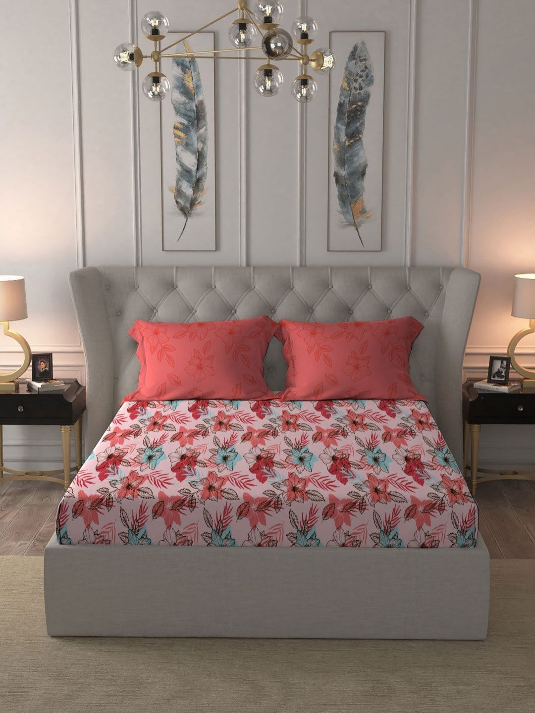 MYTRIDENT Flora Pink Moments Flat 120TC Queen Cotton Bedsheet Set