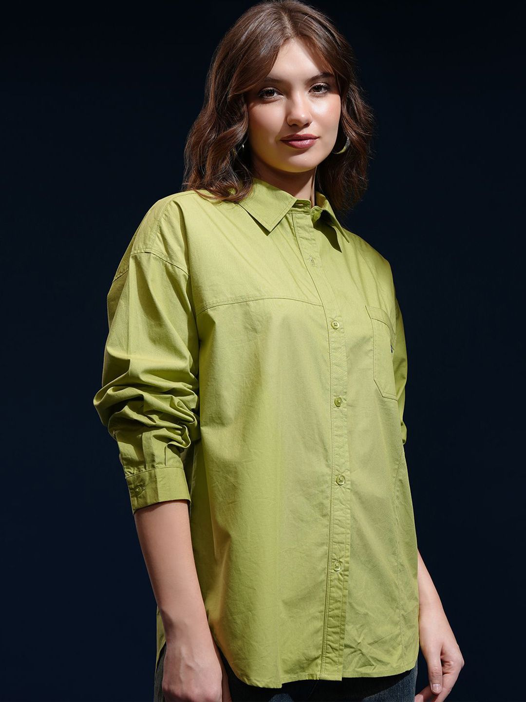 CHIC BY TOKYO TALKIES Women Spread Collar Solid Cotton Oversized Casual Shirt