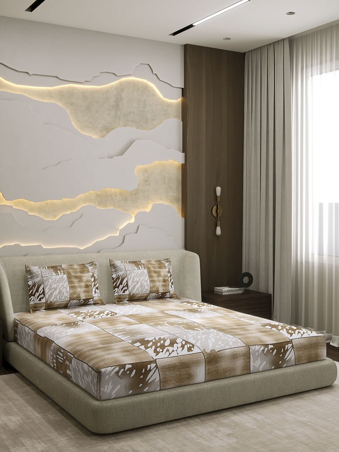 Monte Carlo Beige & White Printed Cotton 104 TC Queen Bedsheet Set 2.24 cm x 2.54 cm
