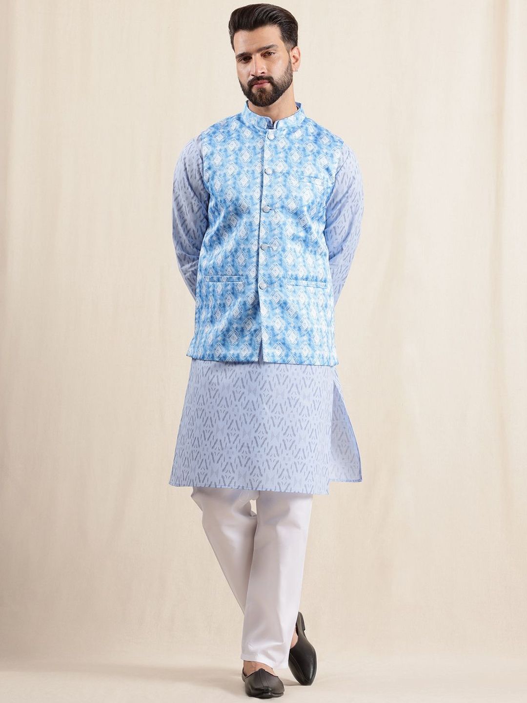 Anouk Men Geometric Printed Kurta with Pyjamas & Nehru Jacket