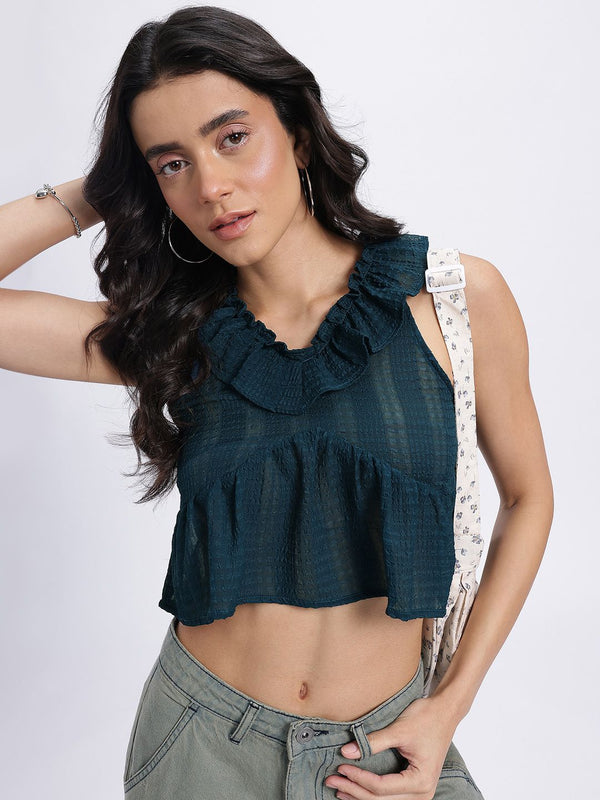 DressBerry Semi Sheer Ruffled Seersucker Empire Crop Top