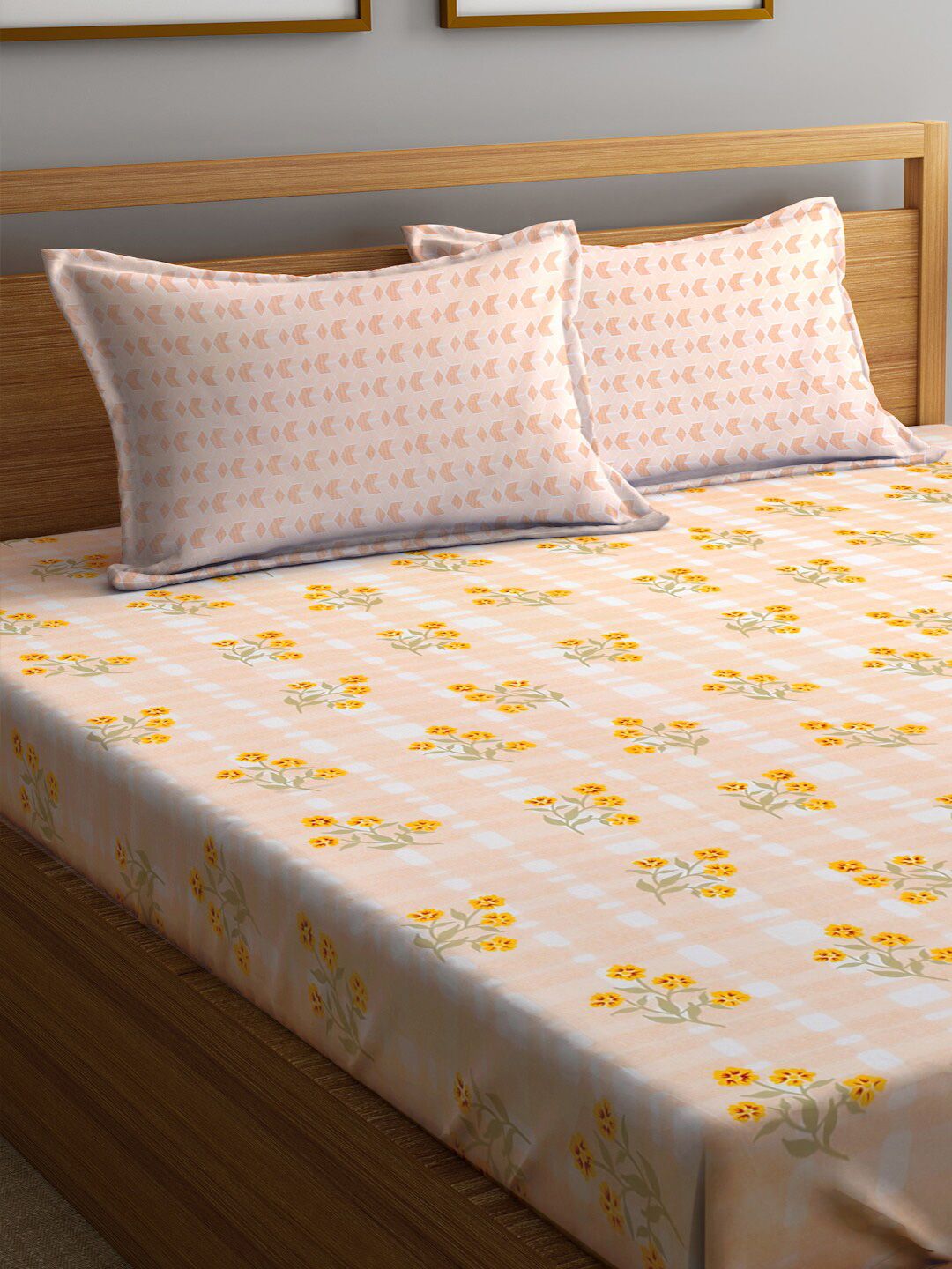 KLOTTHE Kapas Bunga Oren 300 TC Cadar King Halus dengan 2 Sarung Bantal-98 x 87 inci