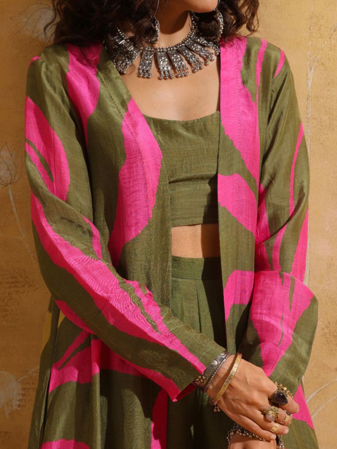 trueBrowns Printed Muslin Silk Top Jacket With Trousers Co-Ords