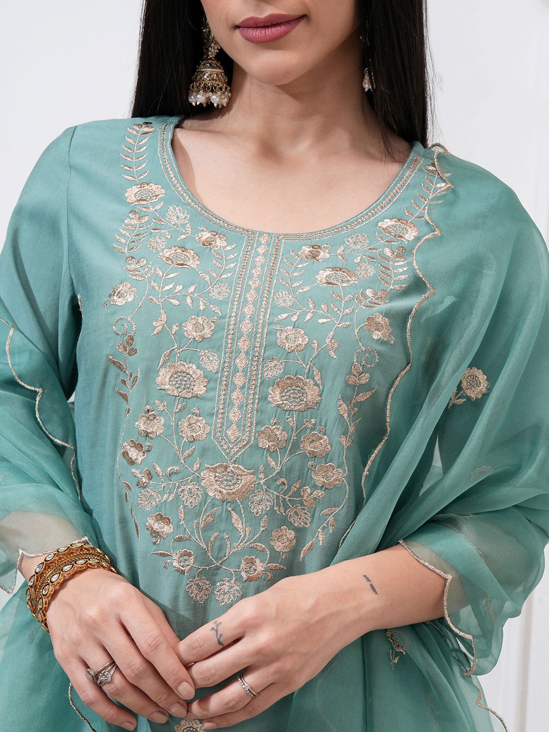 Vishudh Women Sea Embroidered New Roman Kurta with Bott0m and Nylon Organza Dupatta