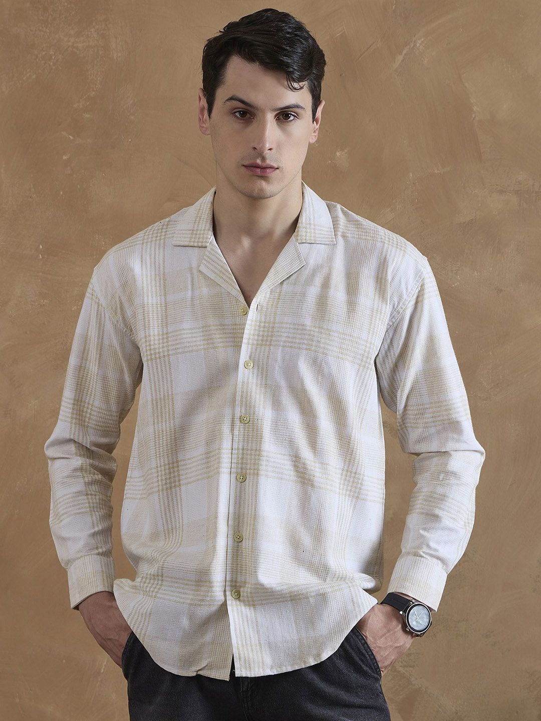 DENNISON Yellow and White Oversized Cuban Collar Checkered Shirt