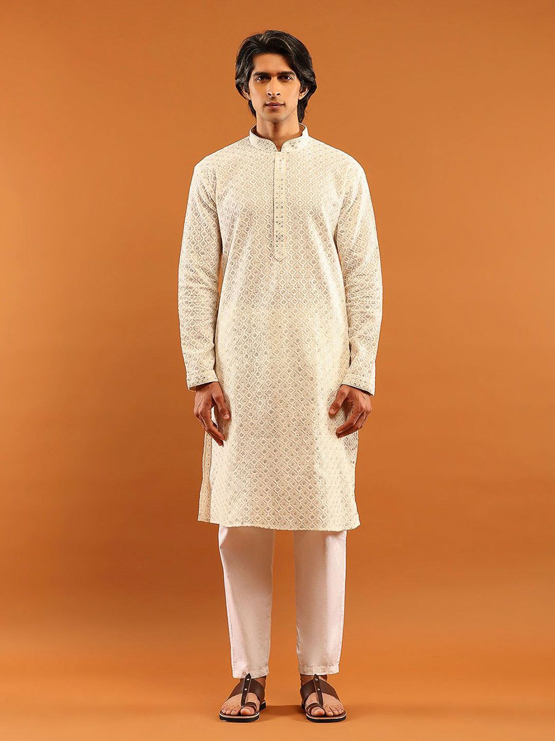 House of Chikankari Men Cream Cotton Sulam Kurta
