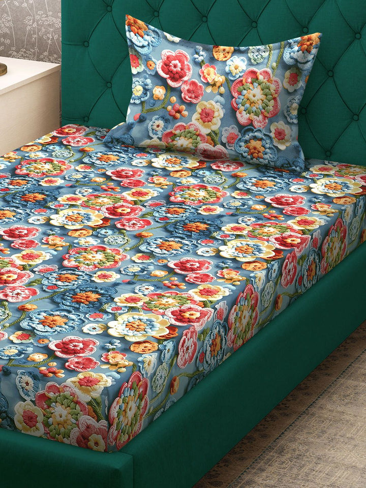 Klotthe Blue Floral Printed 300 TC Single Cadar 7D Dengan Sarung Bantal- 2.25 m x 1.5 m