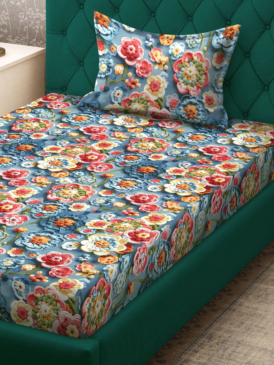 Klotthe Blue Floral Printed 300 TC Single Cadar 7D Dengan Sarung Bantal- 2.25 m x 1.5 m