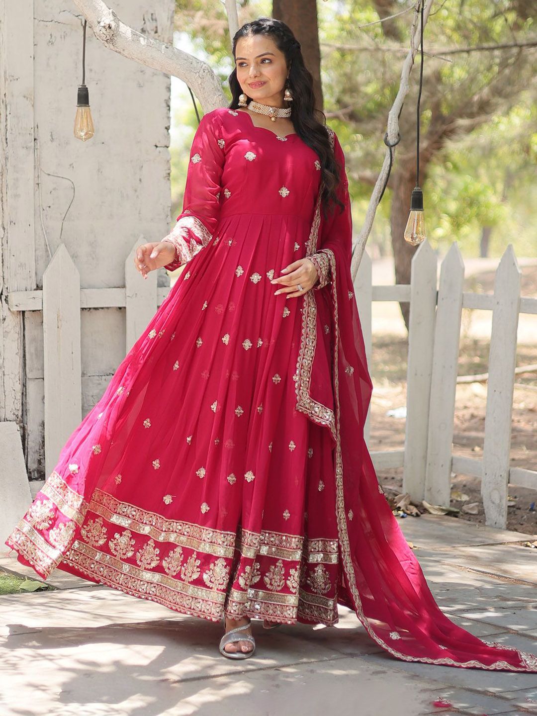 KALINI Embroidered Georgette Anarkali Kurta With Dupatta