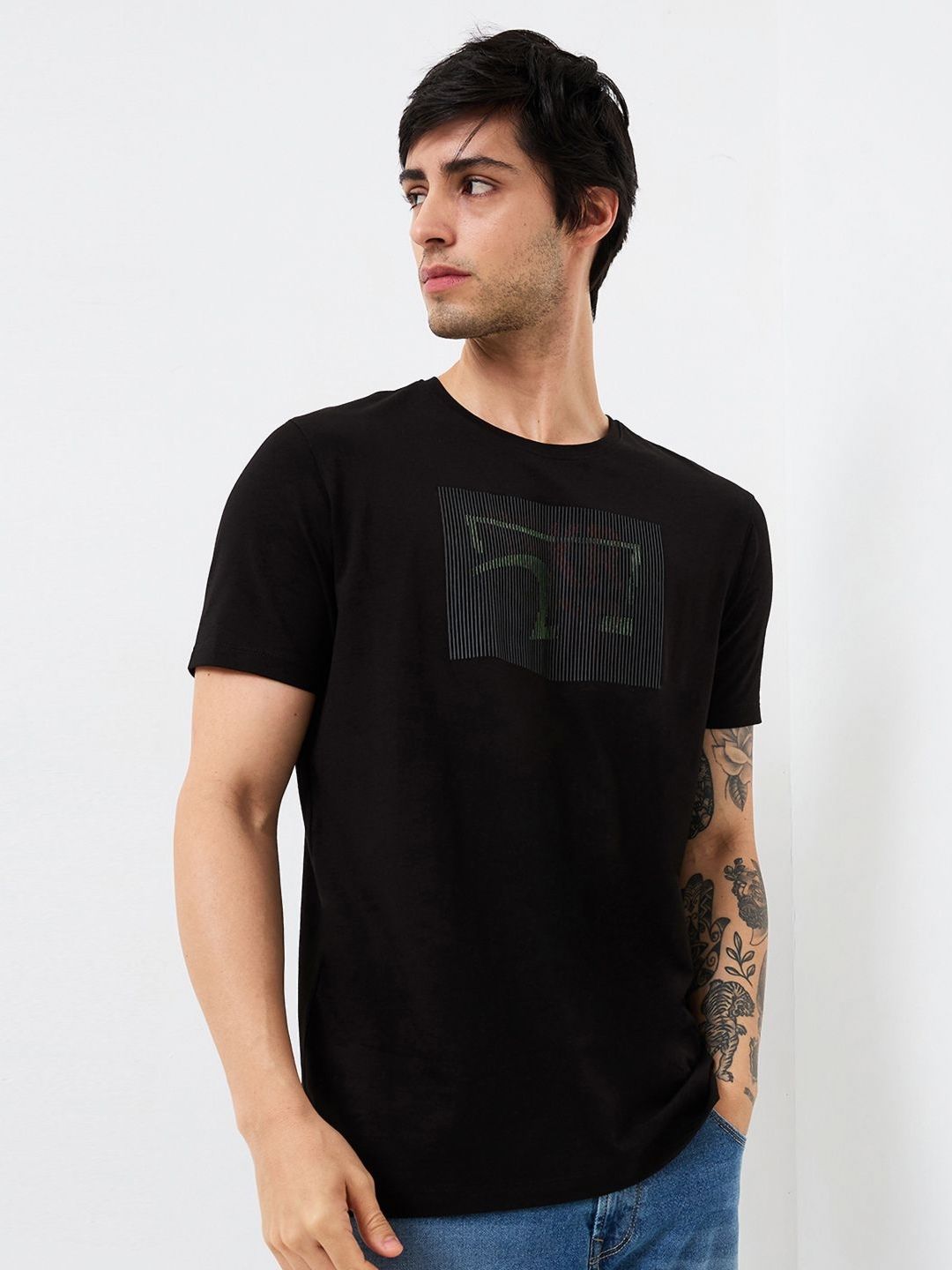SPYKAR Men Graphic Printed Round Neck Cotton Slim Fit T-shirt