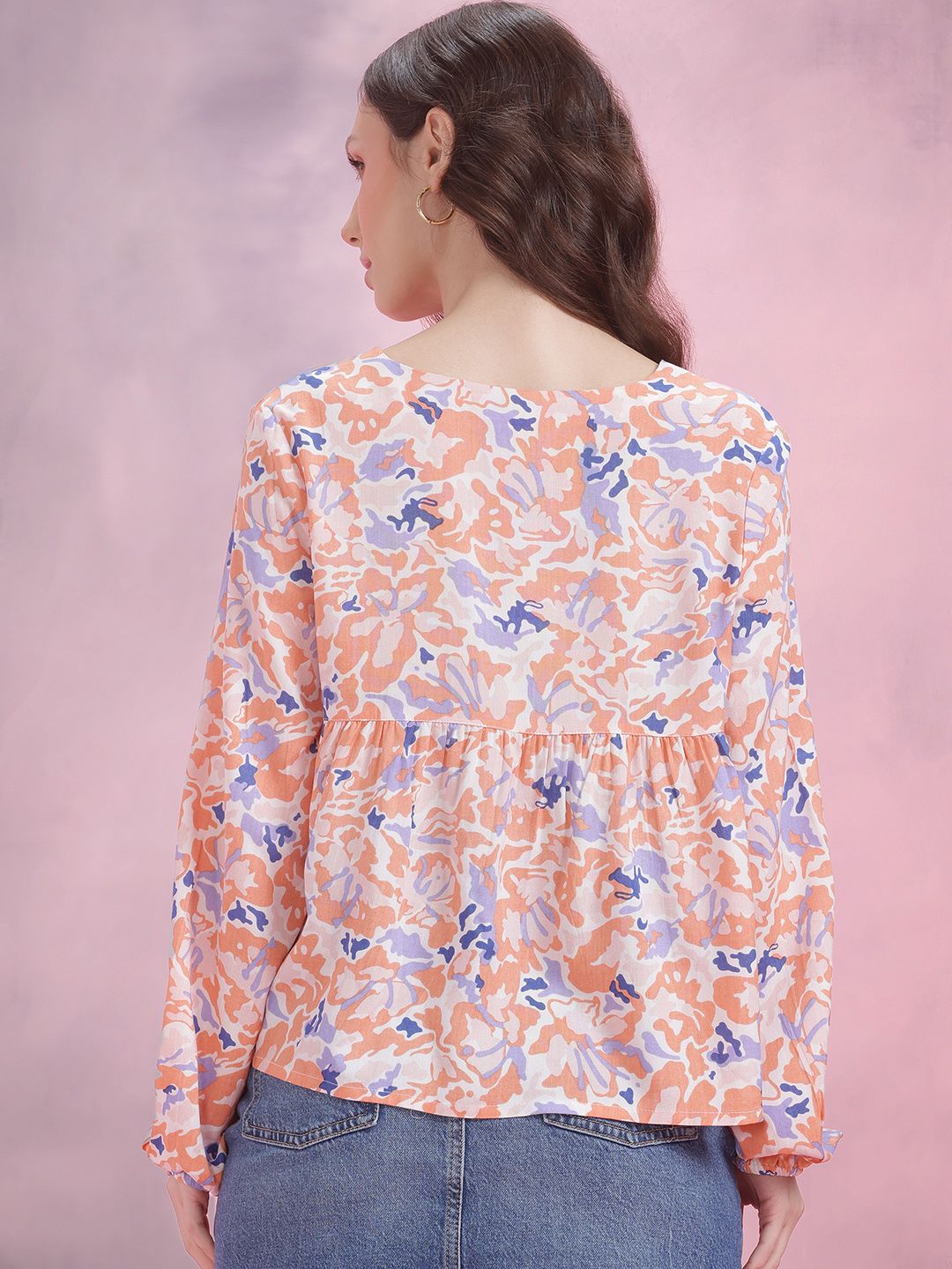DressBerry Printed Tie-Up Neck Puff Sleeve Top