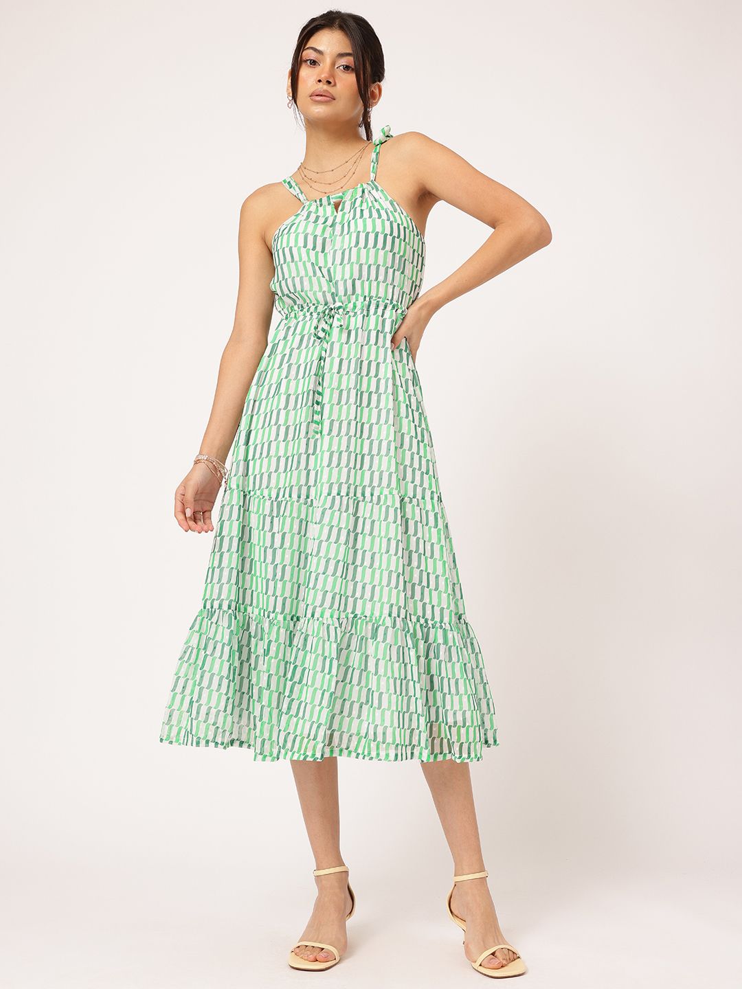 DressBerry Dreamy Delicate Tie-Up Printed Tiered Midi Dress