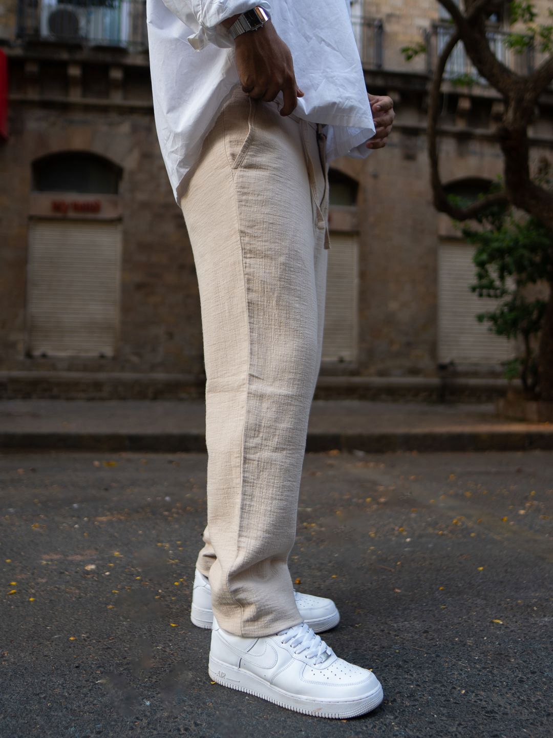 Powerlook Men Beige Pure Cotton Regular Fit Crinkled Trousers
