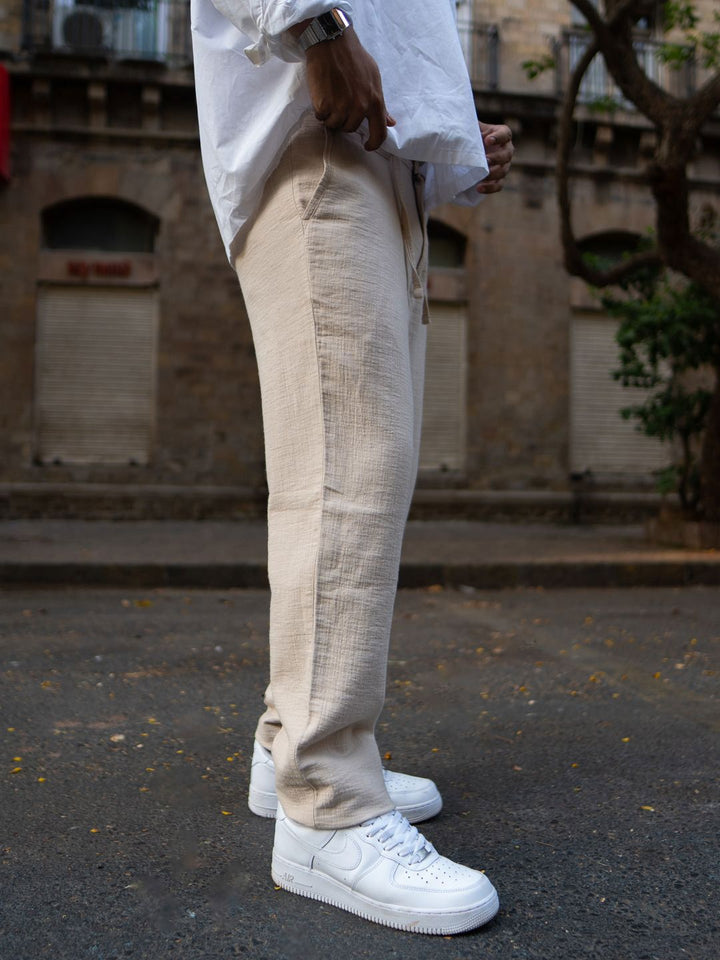 Powerlook Men Beige Pure Cotton Regular Fit Crinkled Trousers