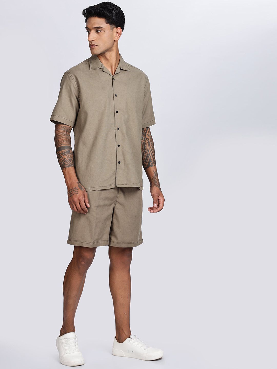 Eszett Olive Pure Cotton Shirt Collar With Shorts Co-Ord Set