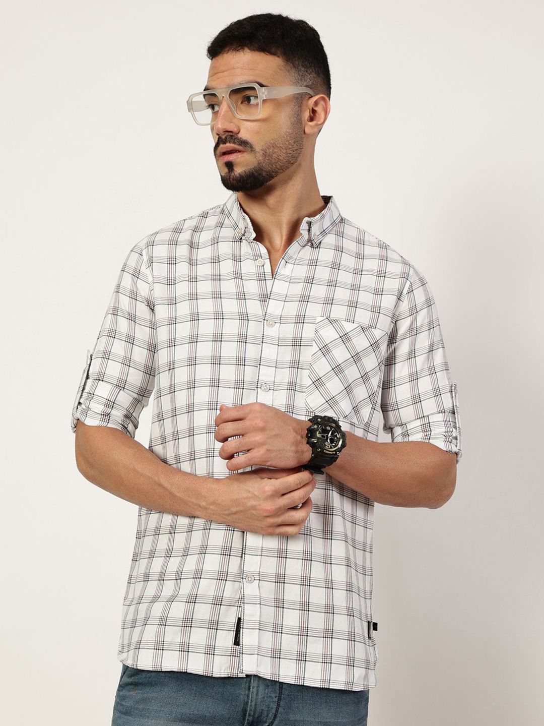Thomas Scott Men Premium Slim Fit Opaque Checked Casual Shirt