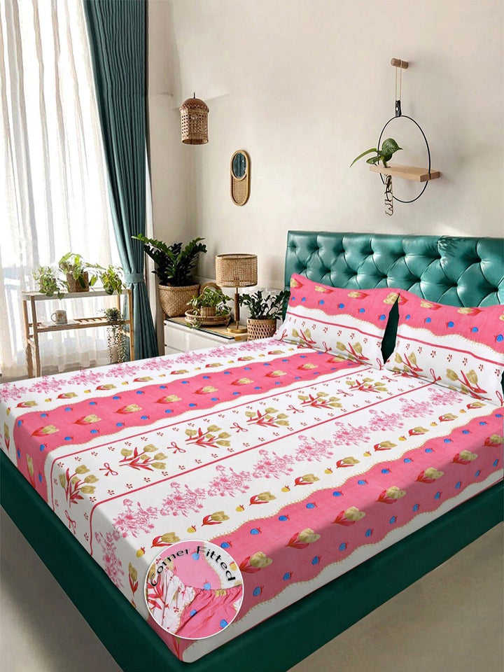 KLOTTHE Merah Jambu Kapas Bunga 300 TC Dilengkapi Cadar King Halus dengan 2 Sarung Bantal-250 x 225 cm