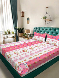 KLOTTHE Merah Jambu Kapas Bunga 300 TC Dilengkapi Cadar King Halus dengan 2 Sarung Bantal-250 x 225 cm