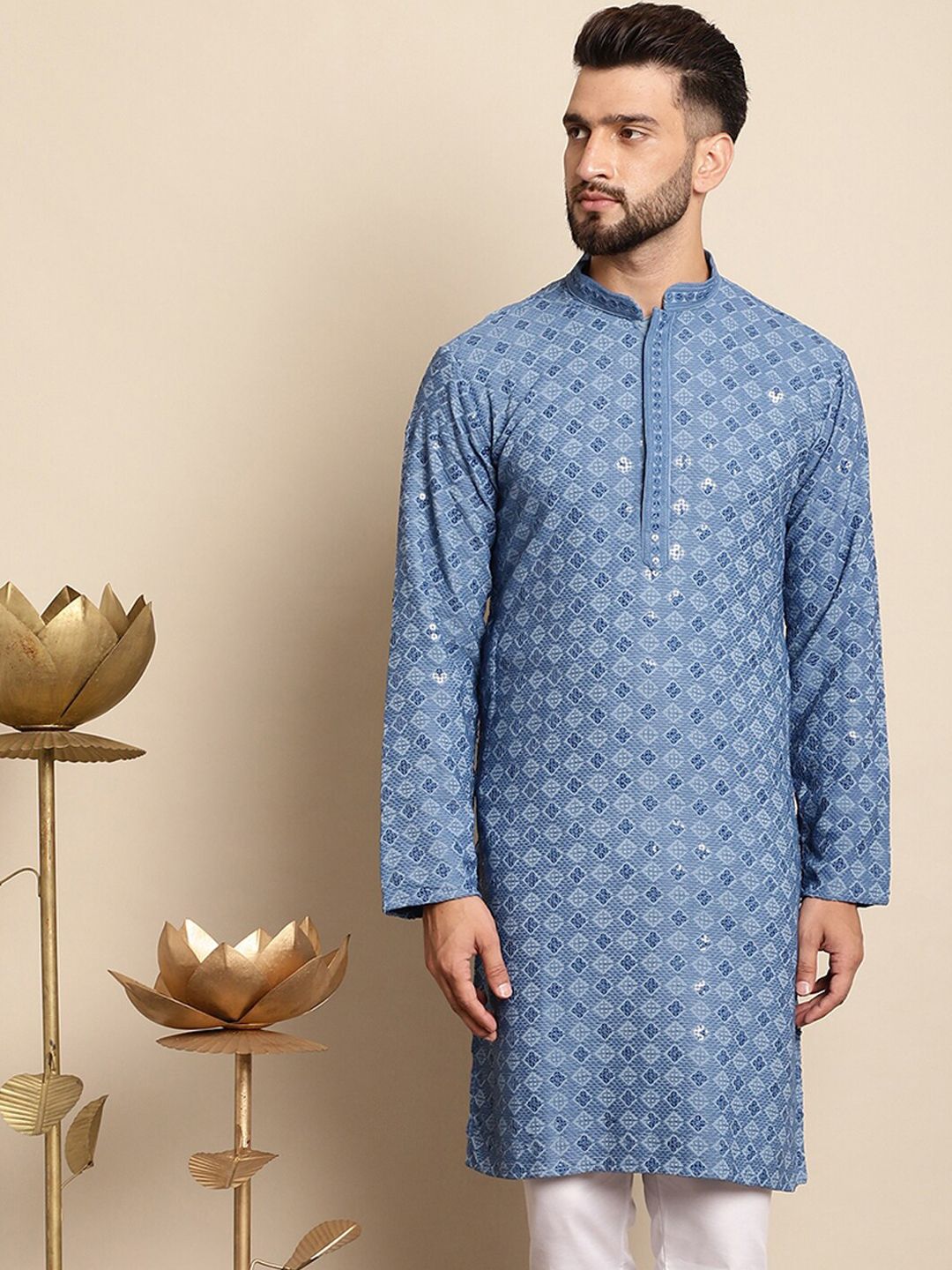 Anouk Dihiasi Labuci Kolar Mandarin Perincian Cotton Straight Kurta
