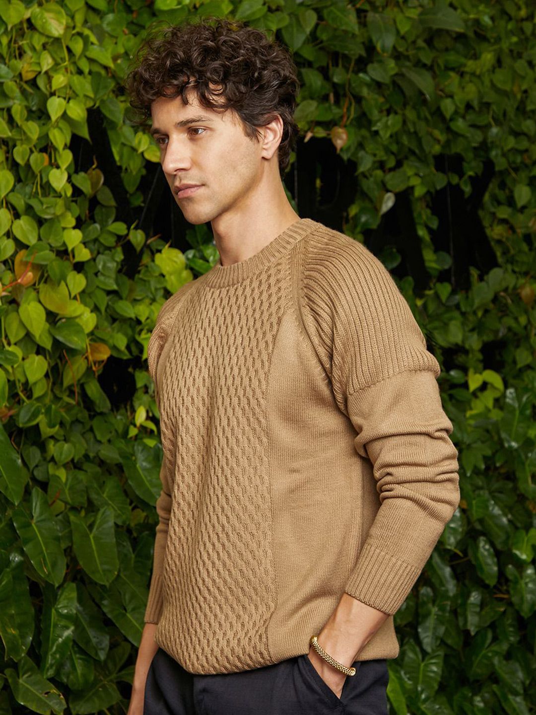 Campus Sutra Men Camel Hive-Knit Pullover Sweater