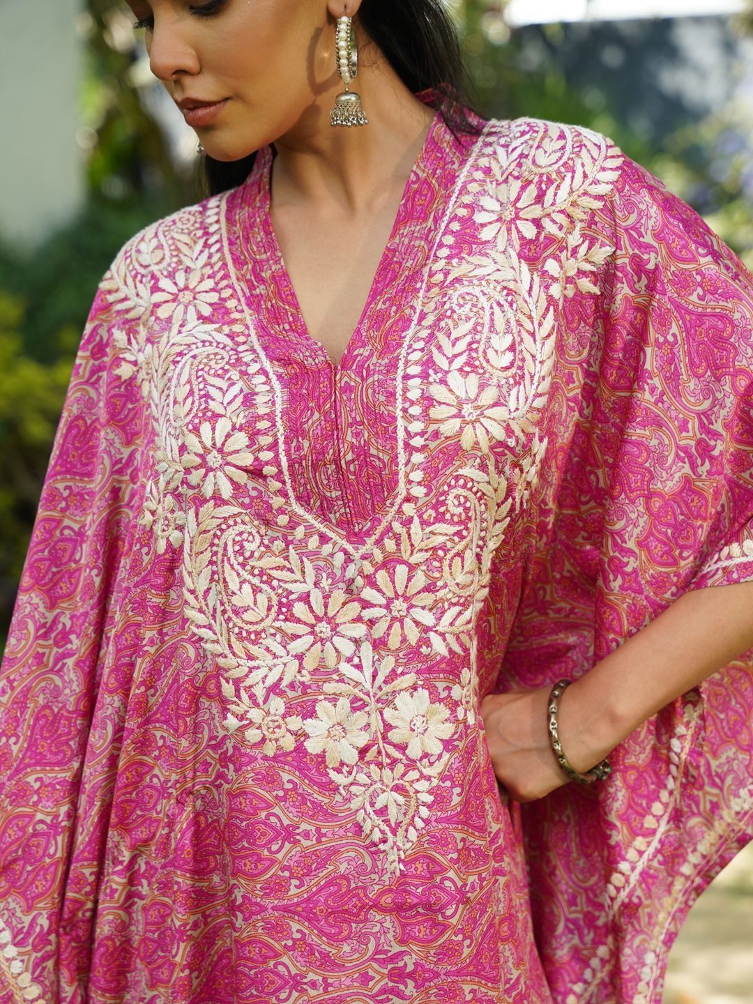 House of Chikankari Women Printed Chikankari Crepe Kaftan Kurta