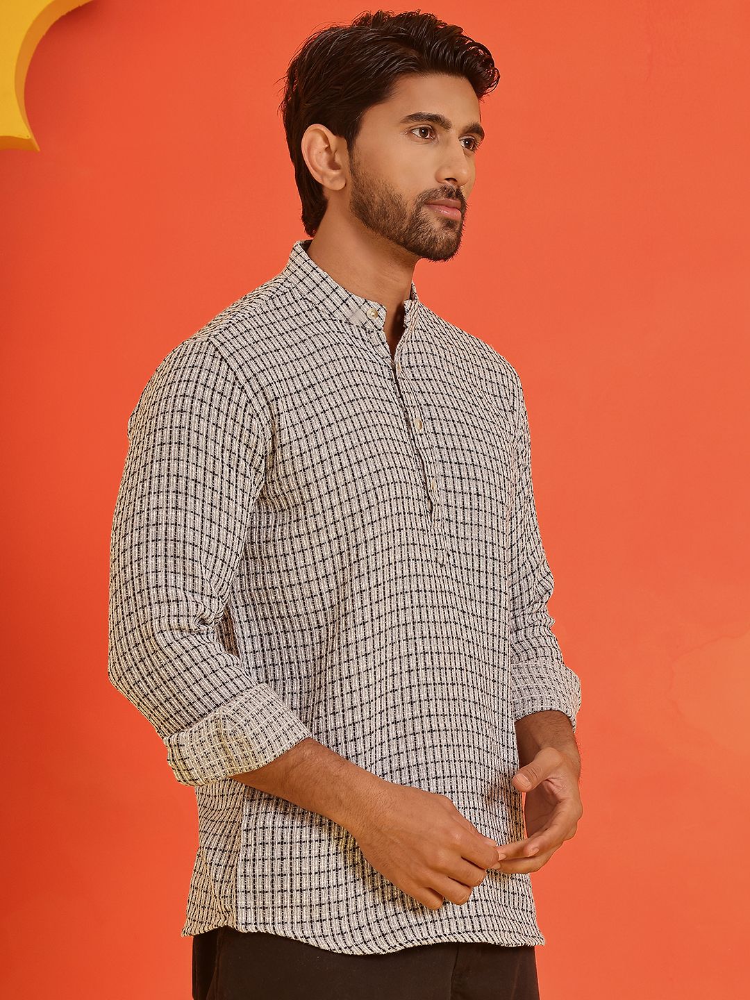 Jompers Checked Band Collar Long Roll-Up Sleeves Straight Kurta