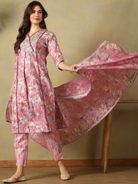 Mamicha Women Floral Printed Angrakha Thread Work Pure Cotton Kurta with Trousers & With Dupatta