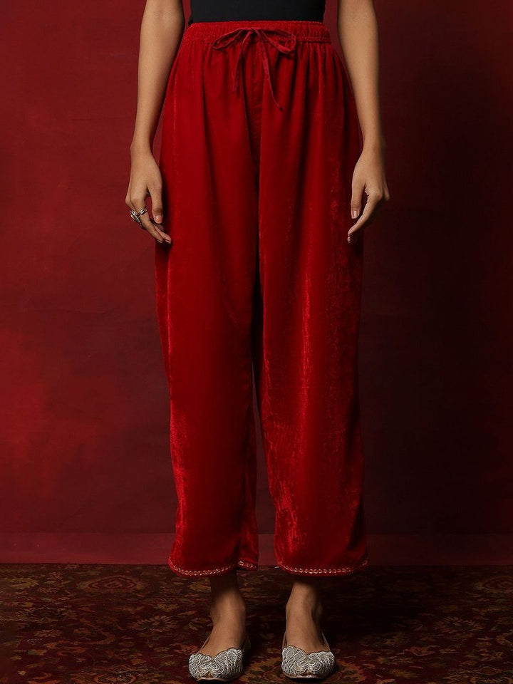 House of Chikankari Women Red Velvet Tilla Embroidered Kurta Set