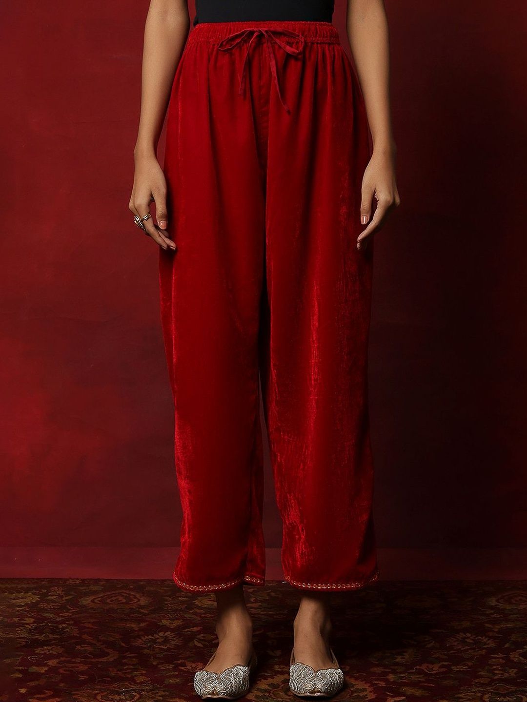 House of Chikankari Women Red Velvet Tilla Embroidered Kurta Set