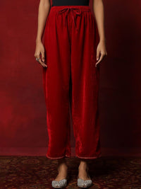 House of Chikankari Women Red Velvet Tilla Embroidered Kurta Set