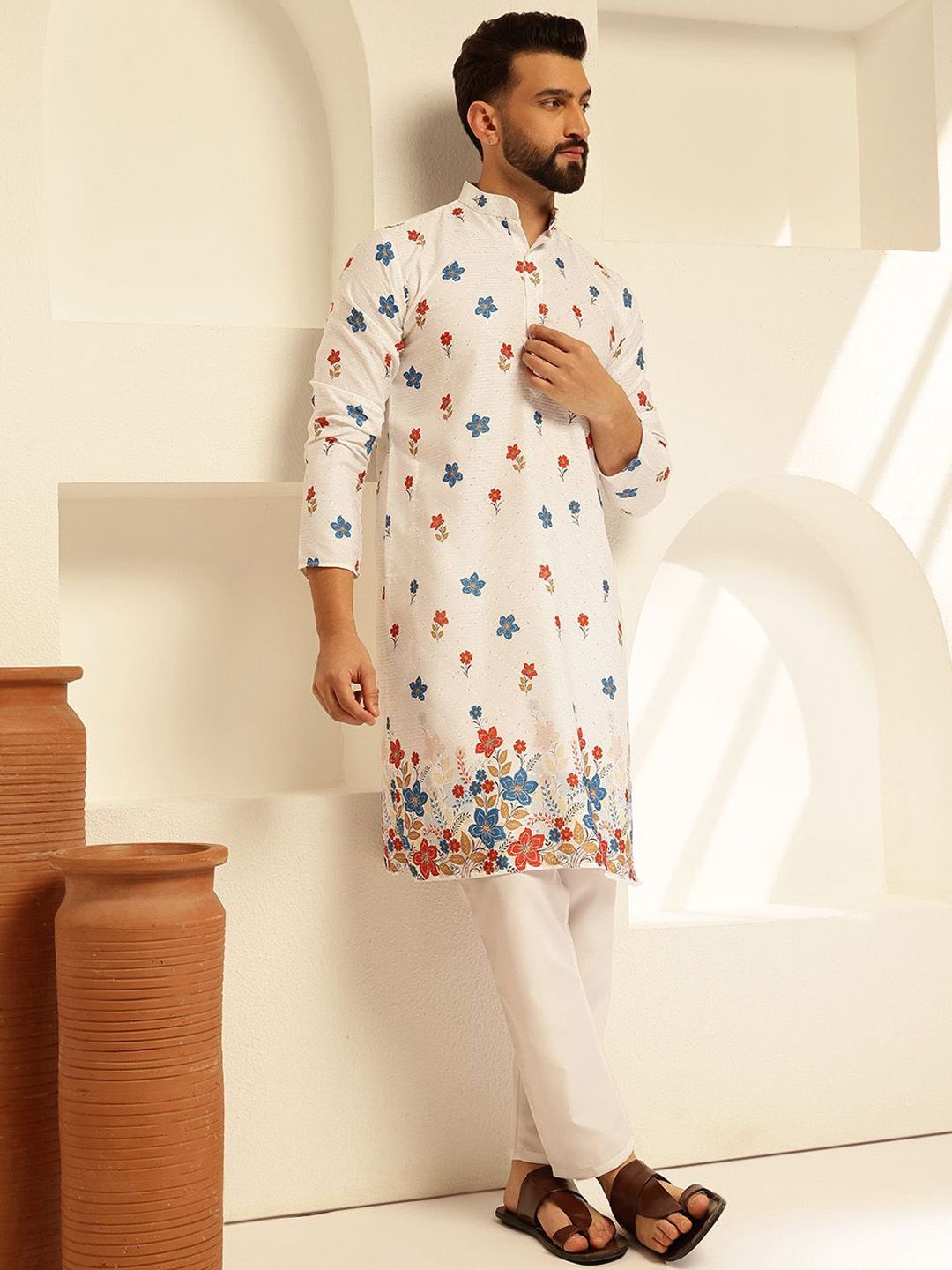 SOJANYA Floral Embroidered Mandarin Collar Thread Work Cotton Straight Republic Day Republic Day Kurta