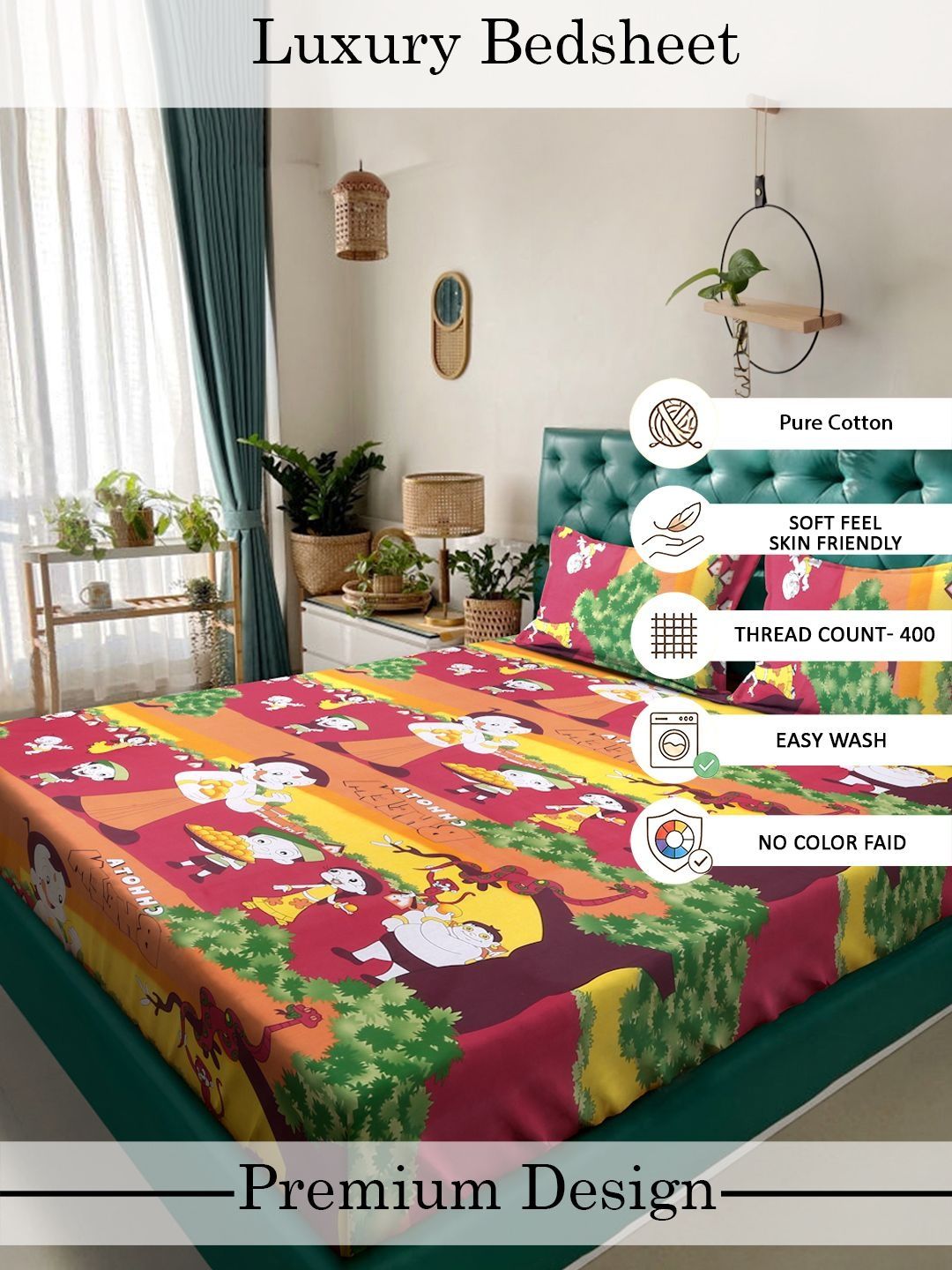 Myntra Elegant Homes Kartun Merah Cetakan Kapas 400TC King Cadar Katil Double & 2 Sarung Bantal