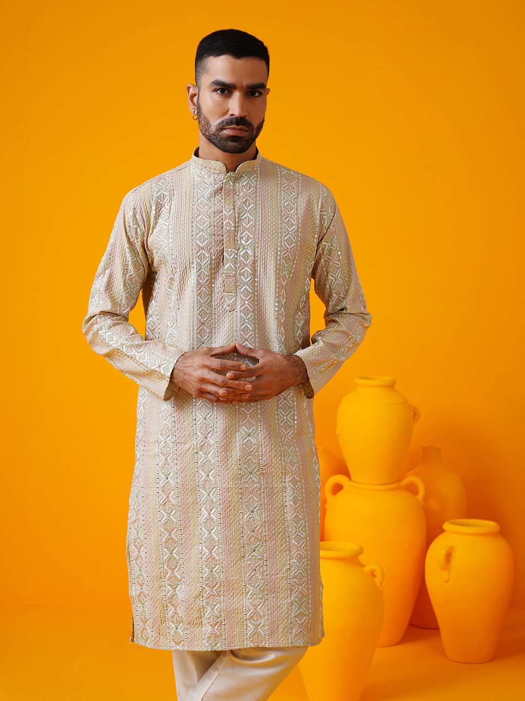 SOJANYA LUXE Ethnic Motifs Embroidered Mandarin Collar Straight Kurta With Trouser