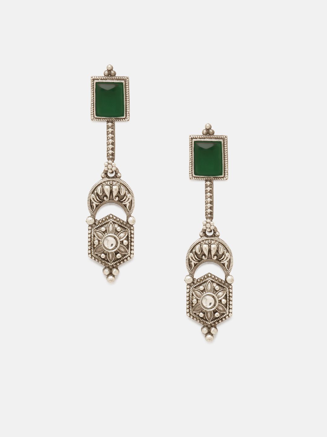 Priyaasi Silver-Plated Emerald Stone Studded Contemporary Oxidized Drop Earrings