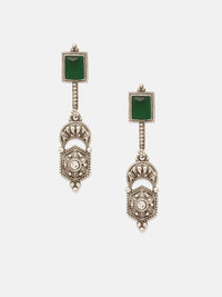 Priyaasi Silver-Plated Emerald Stone Studded Contemporary Oxidized Drop Earrings