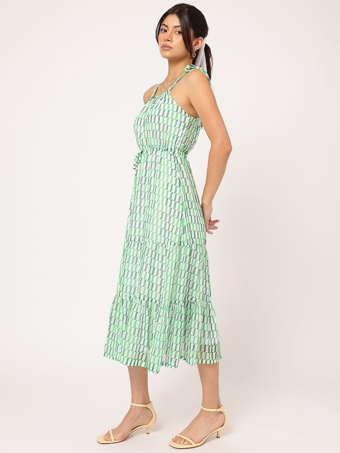 DressBerry Dreamy Delicate Tie-Up Printed Tiered Midi Dress