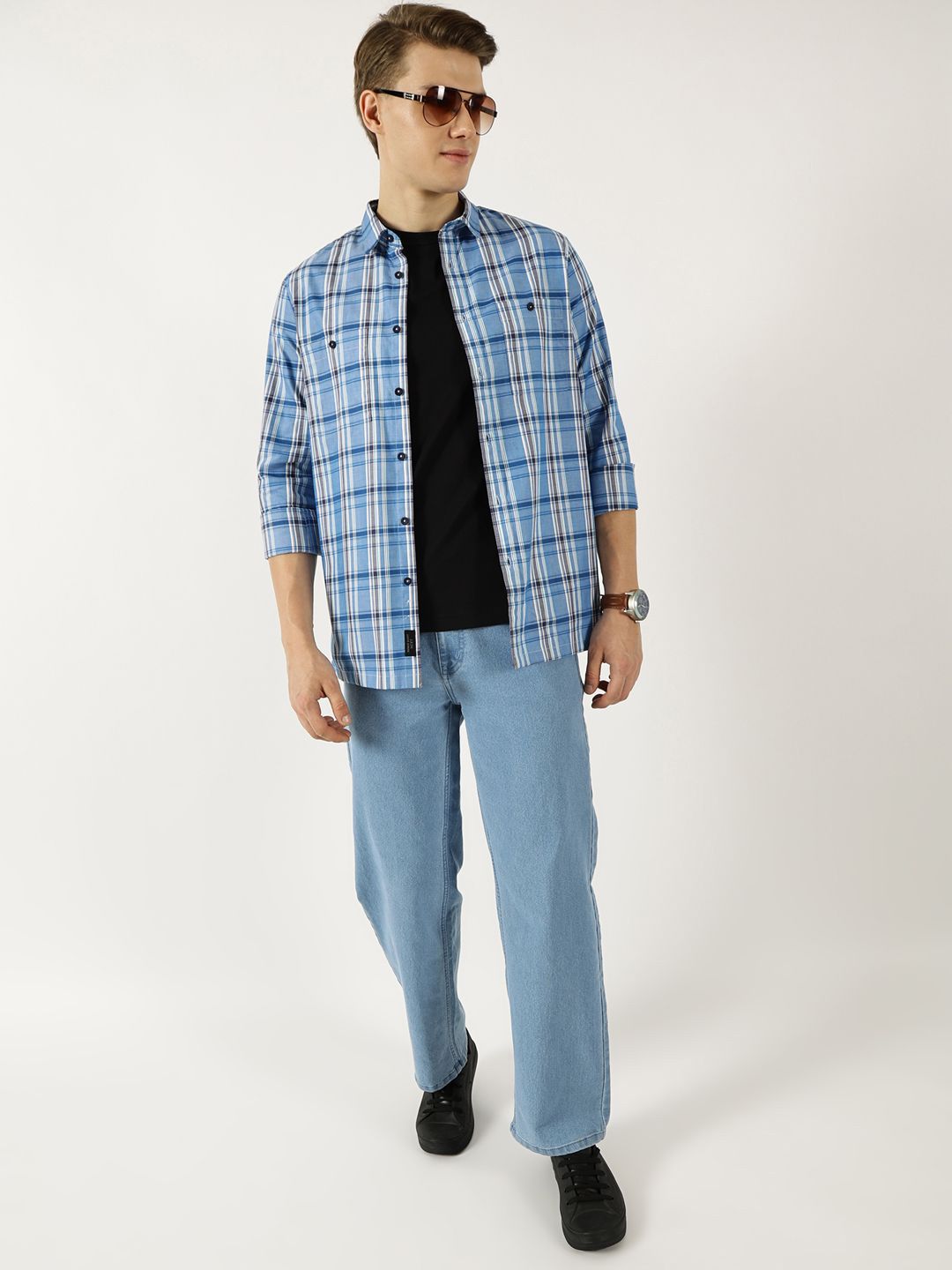 Thomas Scott Men Classic Spread Collar Tartan Checked Cotton Slim Fit Casual Shirt