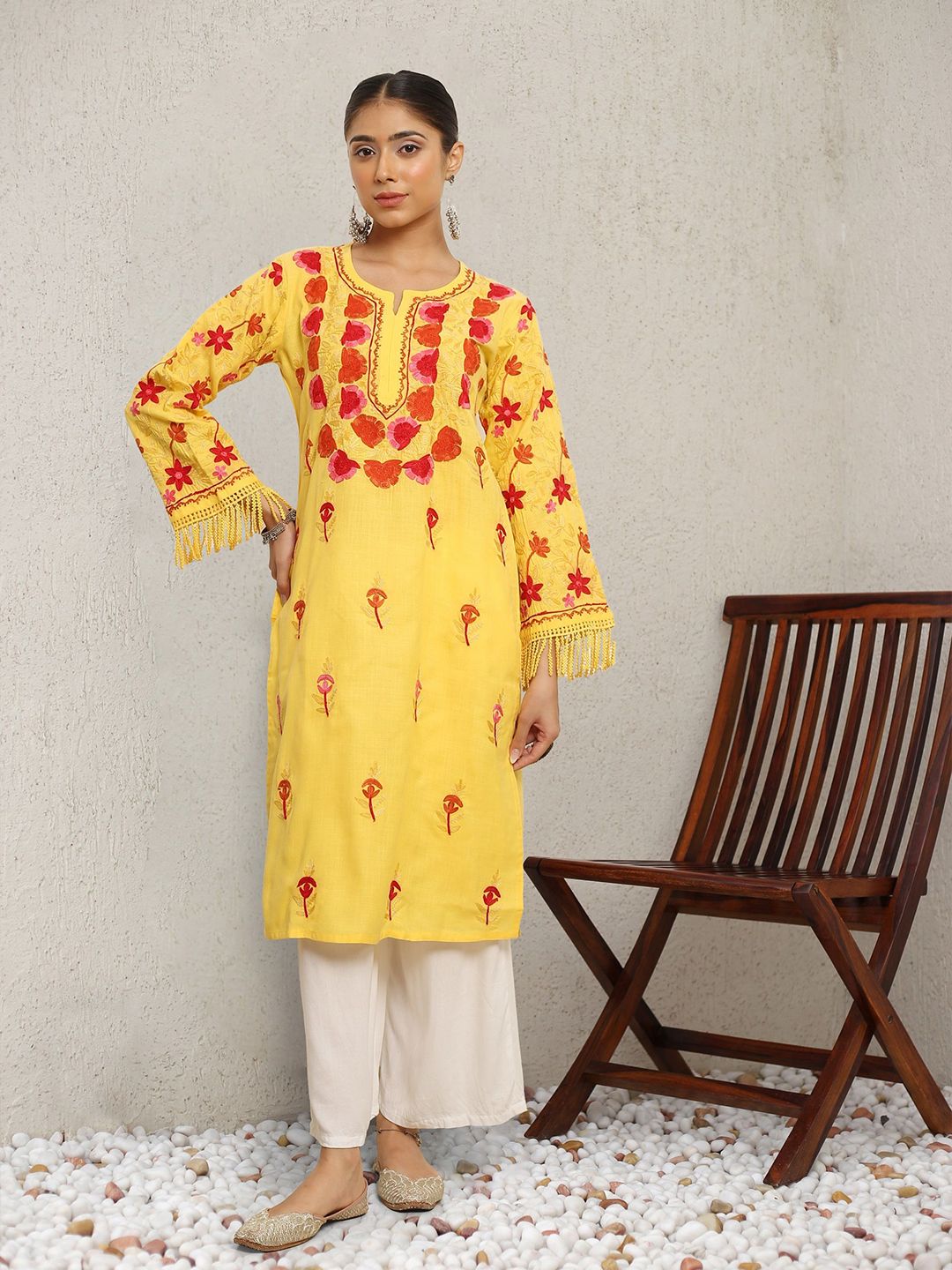 HOUSE OF KARI Falak Kashmiri Embroidered Flared Sleeves Thread Work Cotton Straight Kurta