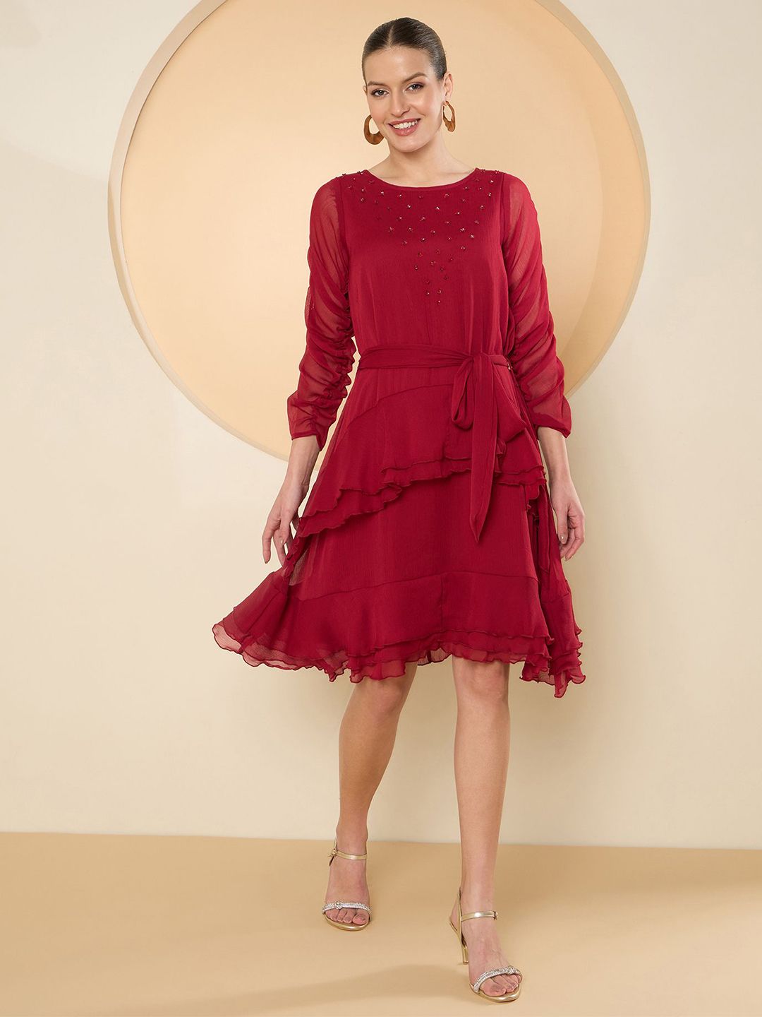 Antheaa Women Chiffon Fit & Flare Embellished Dress