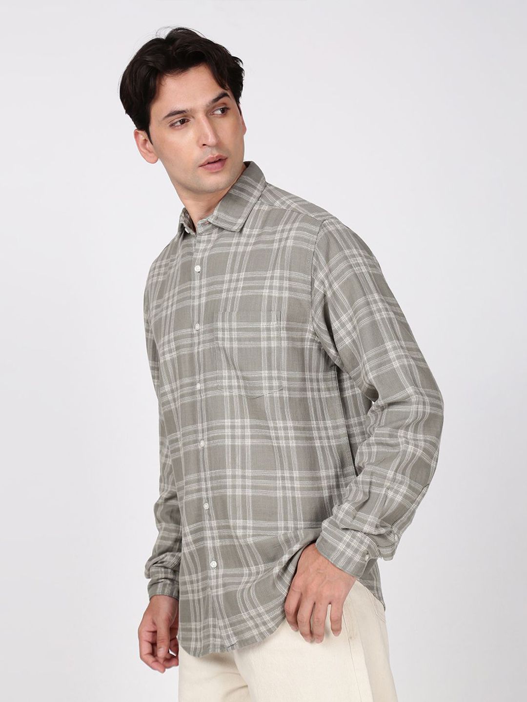 Bene Kleed Men Windowpane Checks Checked Spread Collar Casual Shirt