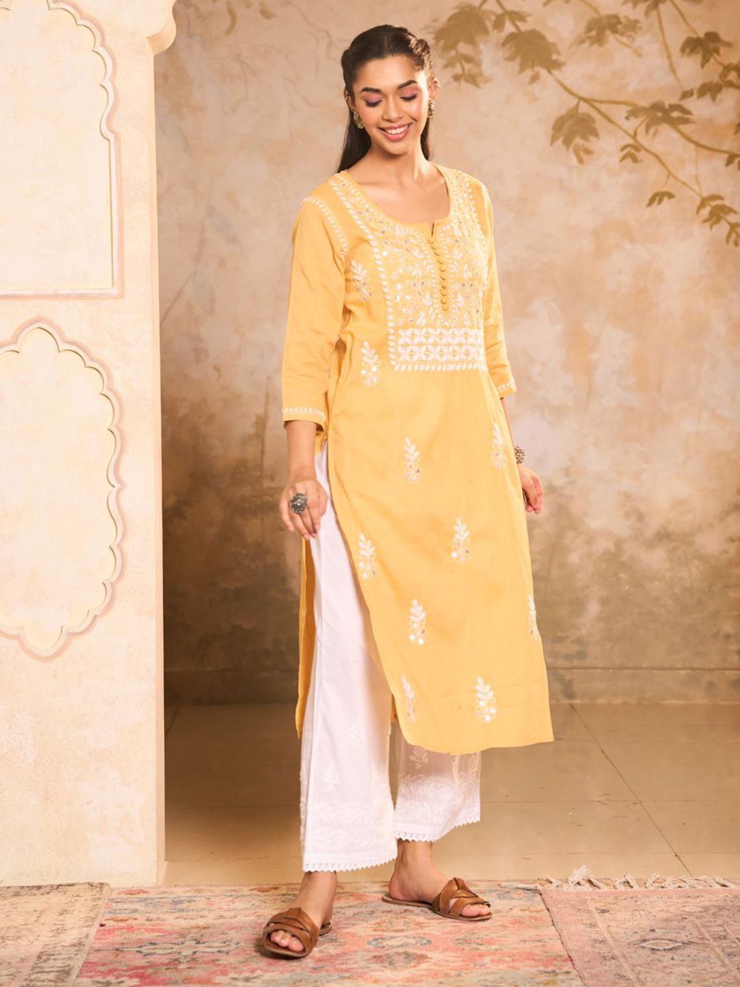 House of Chikankari Women Yellow Cotton Chikankari Embroidered Kurta
