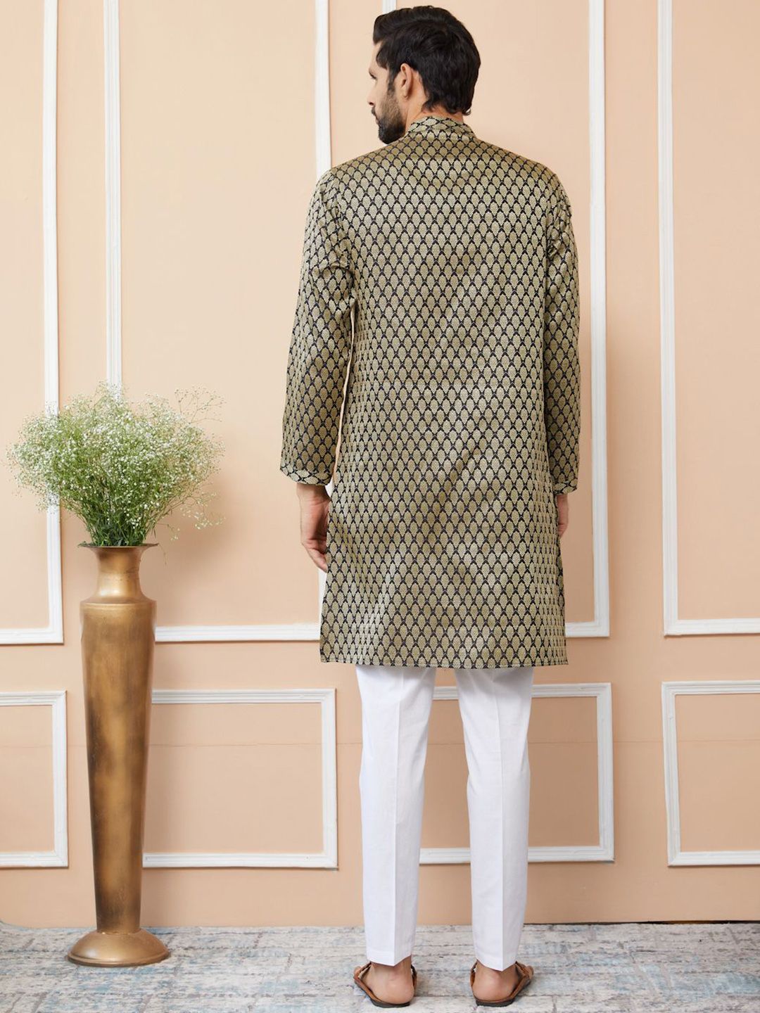 See Designs Ethnic Motifs Printed Mandarin Collar Jacquard Silk Straight Kurta