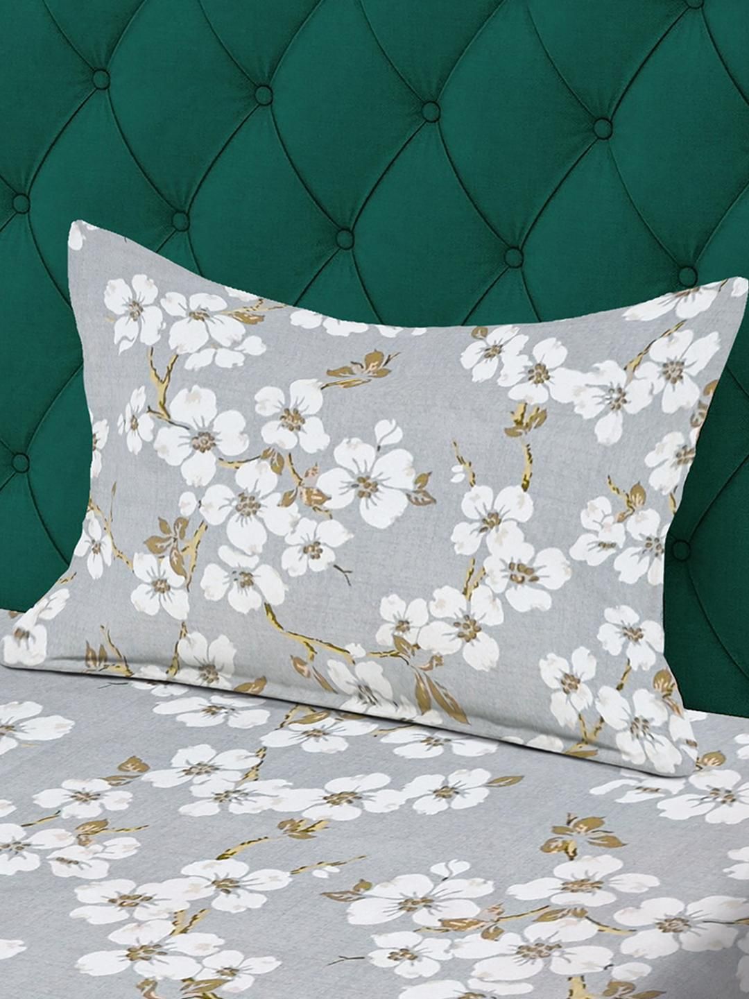 KLOTTHE Grey & White Floral 300 TC Single Bedsheet with 1 Pillow Covers