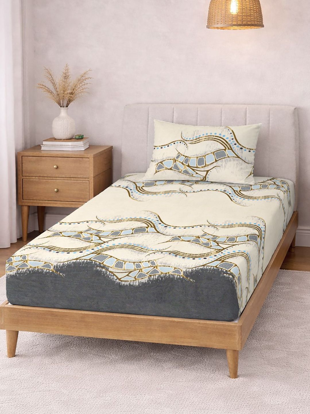 KLOTTHE Warna Krim & Kelabu Bercetak 300 TC Cadar Single Dengan Sarung Bantal-2.25 m x 1.5 m