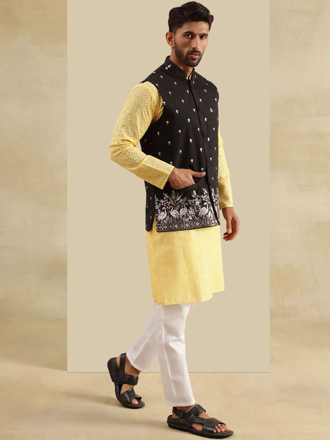 SOJANYA Kurta Lurus Sulam Geometrik Chikankari Kapas Tulen Dengan Piyama & Jaket
