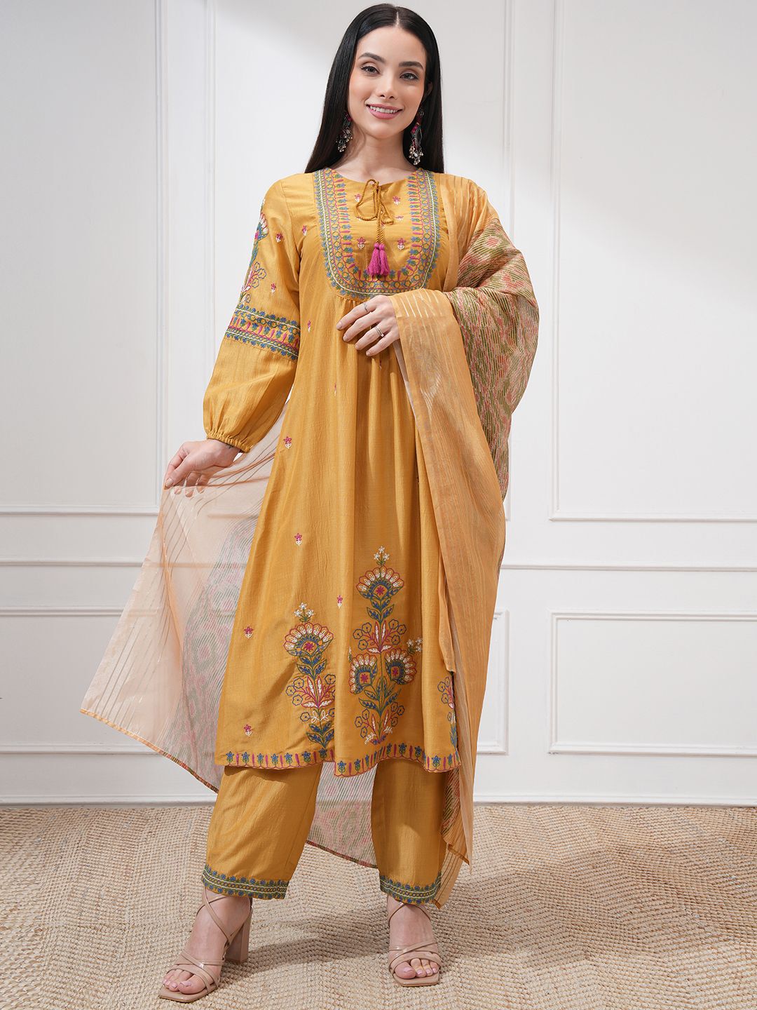 Vishudh Floral Embroidered Tie-Up Neck Thread Work A-line Kurta With Trouser And Dupatta