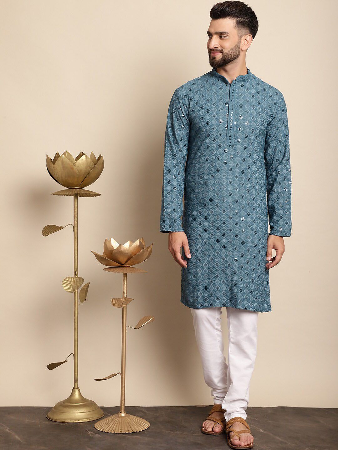 Motif Etnik Biru Anouk Bersulam Benang Berfungsi Kapas Tulen Kurta Lurus Dengan Churidar